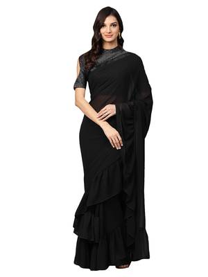 Inddus Black Georgette Solid Ruffle Saree With Blouse 1