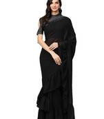 Inddus Black Georgette Solid Ruffle Saree With Blouse