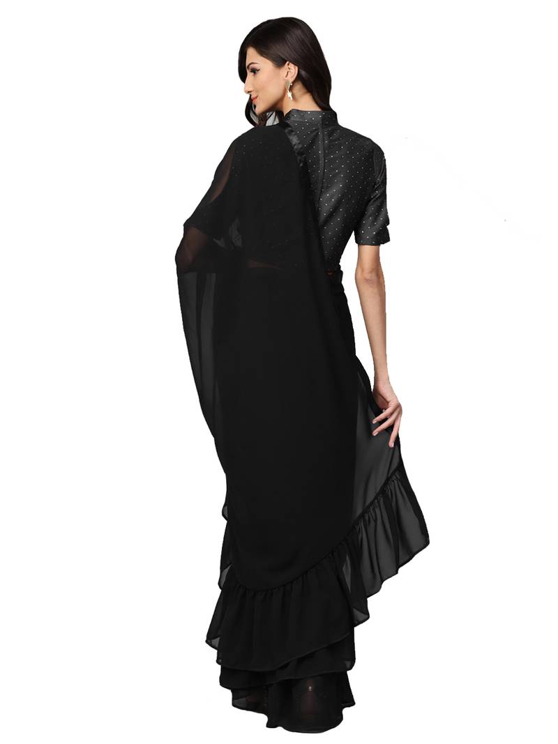Inddus Black Georgette Solid Ruffle Saree With Blouse