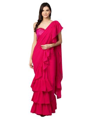 Inddus Magenta Pink Georgette Solid Ruffle Saree With Blouse 1