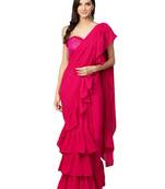 Inddus Magenta Pink Georgette Solid Ruffle Saree With Blouse