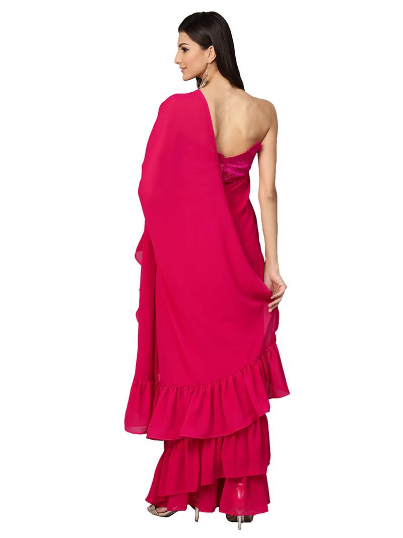Inddus Magenta Pink Georgette Solid Ruffle Saree With Blouse