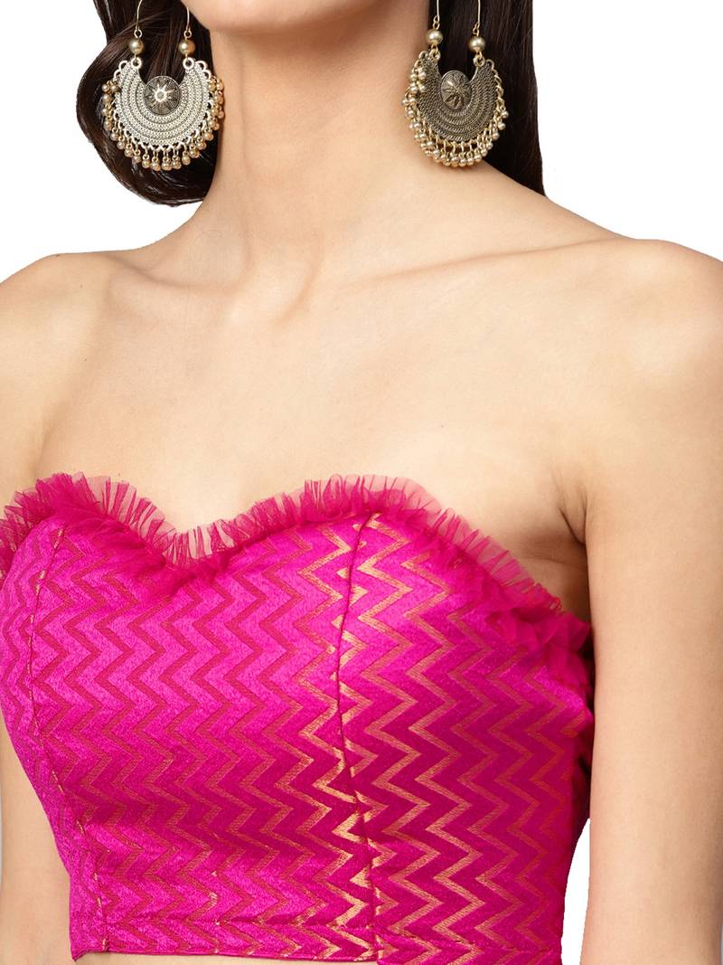 Inddus Magenta Pink Georgette Solid Ruffle Saree With Blouse