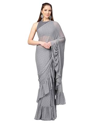 Inddus Grey Chiffon Embellished Ruffle Saree With Blouse 1
