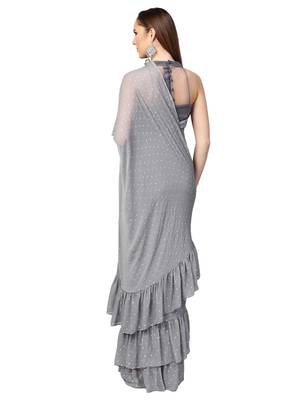 Inddus Grey Chiffon Embellished Ruffle Saree With Blouse 2