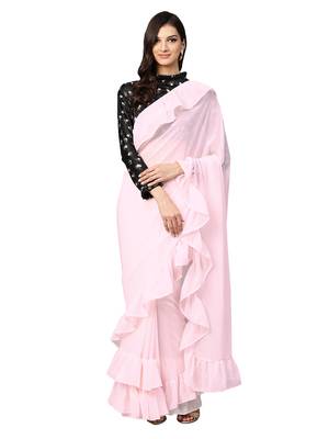 Inddus Light Pink Georgette Solid Ruffle Saree With Blouse 1