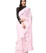 Inddus Light Pink Georgette Solid Ruffle Saree With Blouse