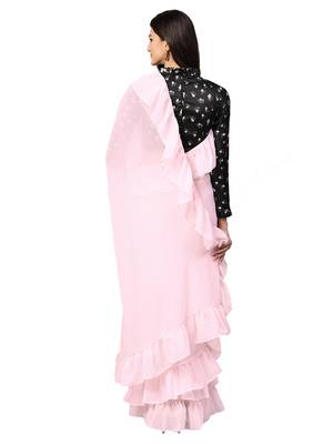 Inddus Light Pink Georgette Solid Ruffle Saree With Blouse 2