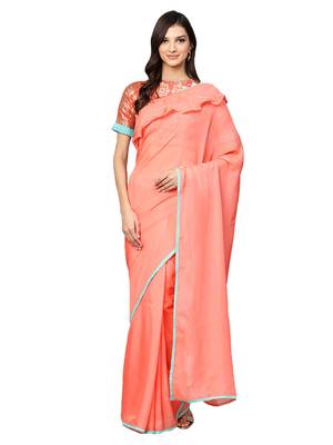 Inddus Peach Art Silk Solid Ruffle Saree With Blouse 1