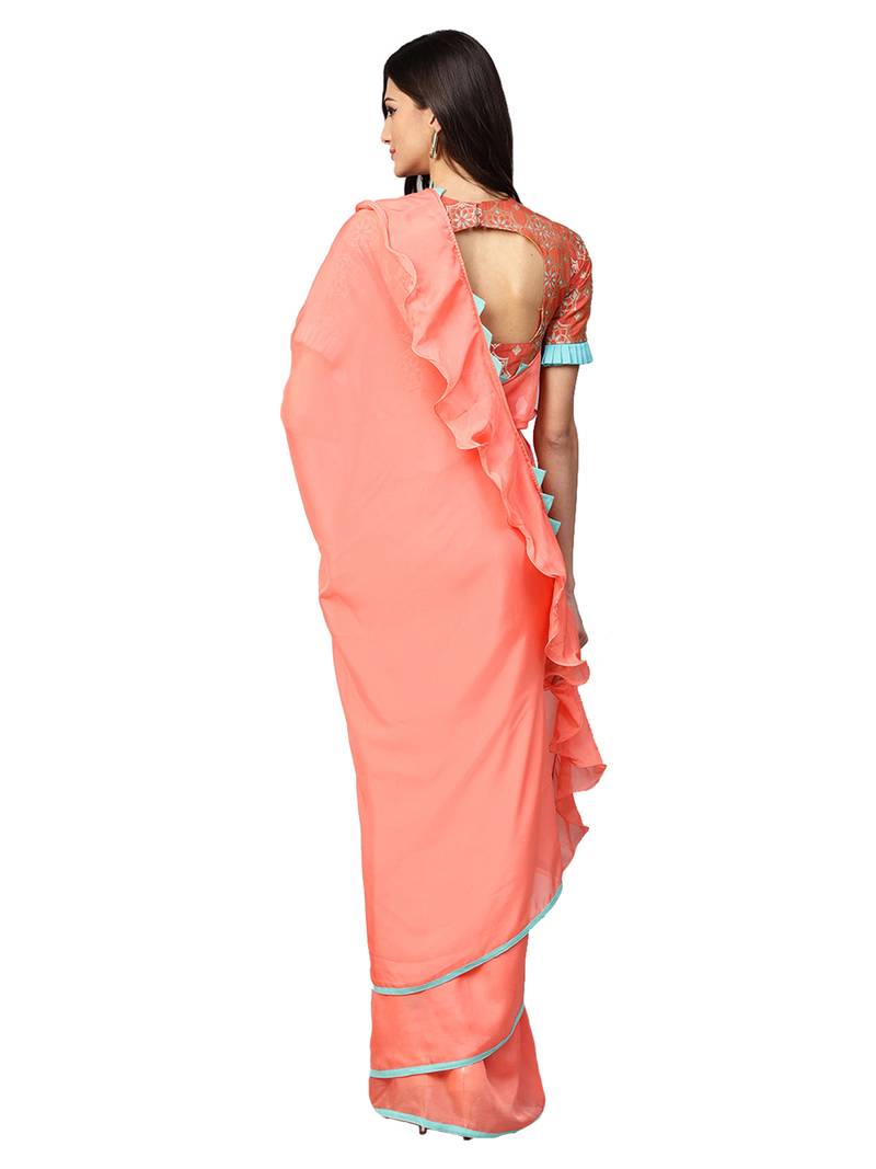 Inddus Peach Art Silk Solid Ruffle Saree With Blouse