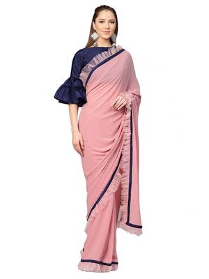 Inddus Pink Net Solid Ruffle Saree With Blouse 1