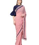 Inddus Pink Net Solid Ruffle Saree With Blouse