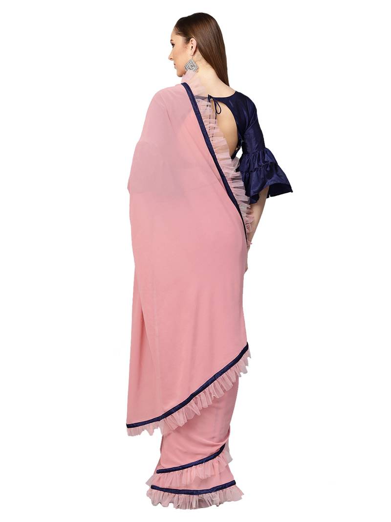 Inddus Pink Net Solid Ruffle Saree With Blouse