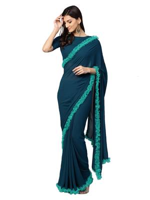 Inddus Teal Green Net Solid Ruffle Saree With Blouse 1