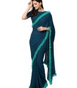 Inddus Teal Green Net Solid Ruffle Saree With Blouse