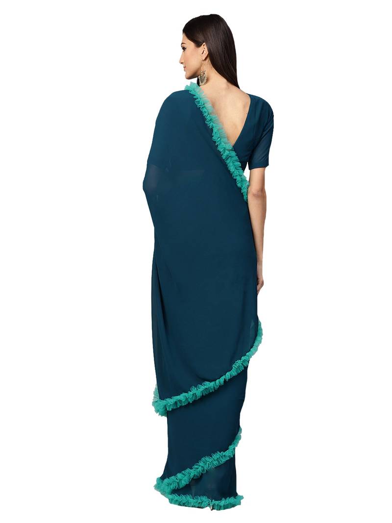 Inddus Teal Green Net Solid Ruffle Saree With Blouse