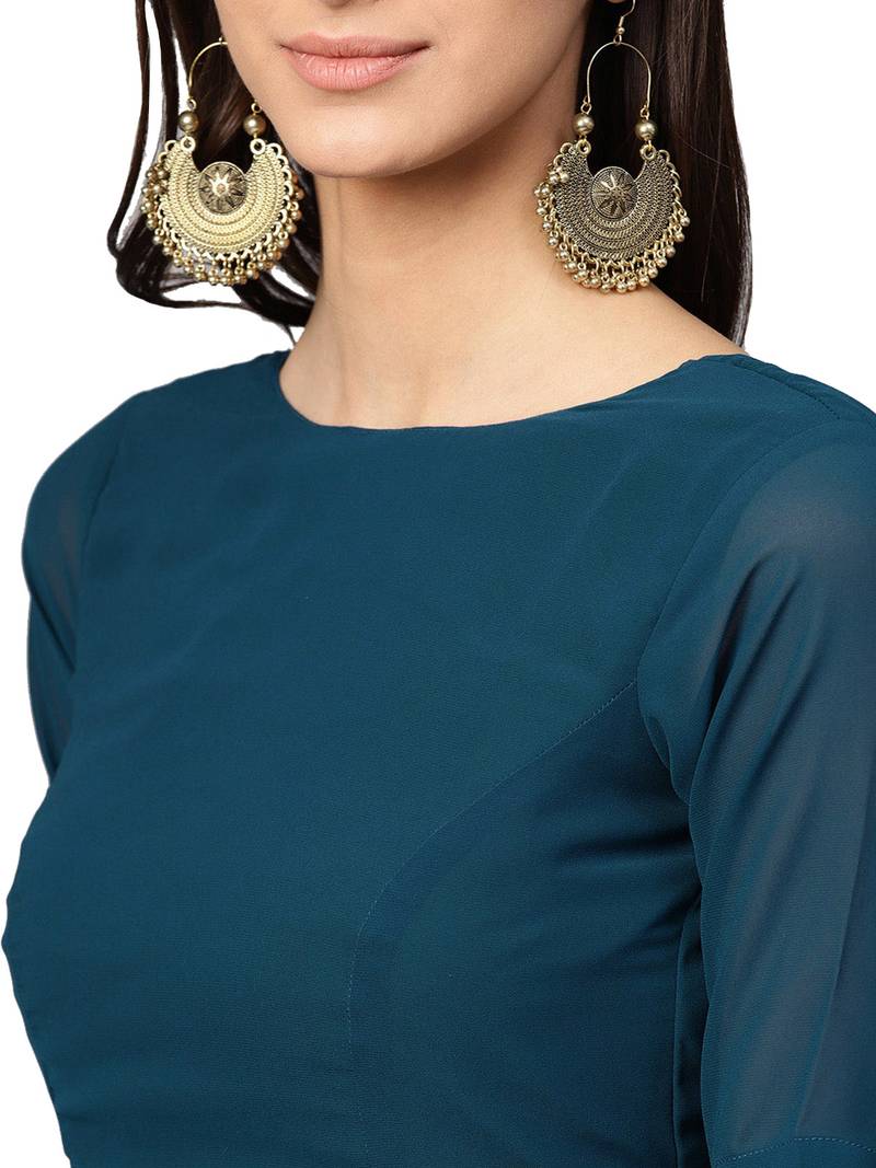 Inddus Teal Green Net Solid Ruffle Saree With Blouse
