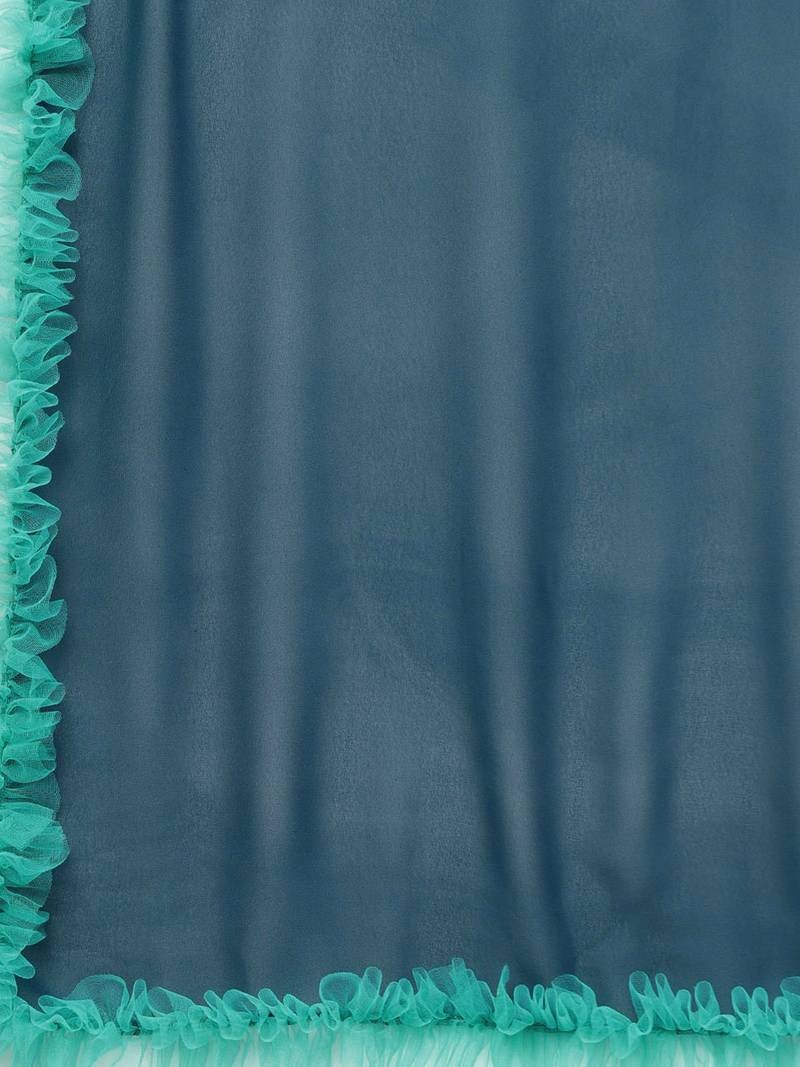 Inddus Teal Green Net Solid Ruffle Saree With Blouse