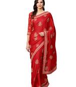 Inddus Red Silk Blend Embellished Saree With Blouse