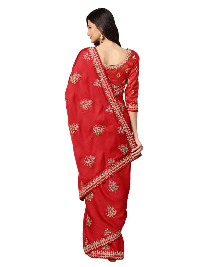 Inddus Red Silk Blend Embellished Saree With Blouse