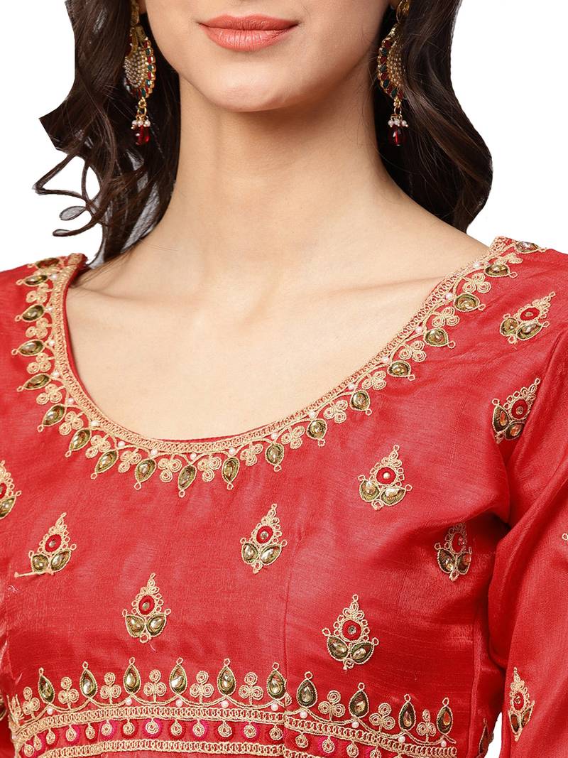 Inddus Red Silk Blend Embellished Saree With Blouse