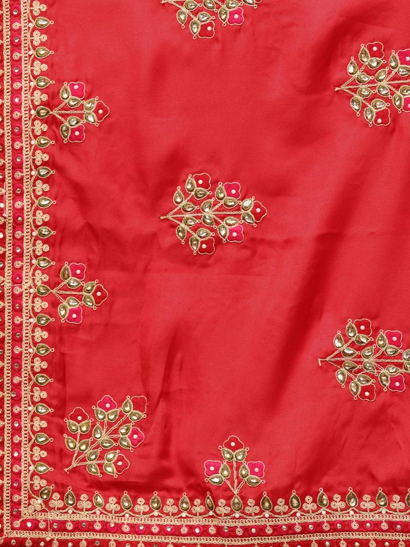 Inddus Red Silk Blend Embellished Saree With Blouse