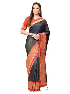 Inddus Grey Satin Silk Embroidered Saree With Blouse 1