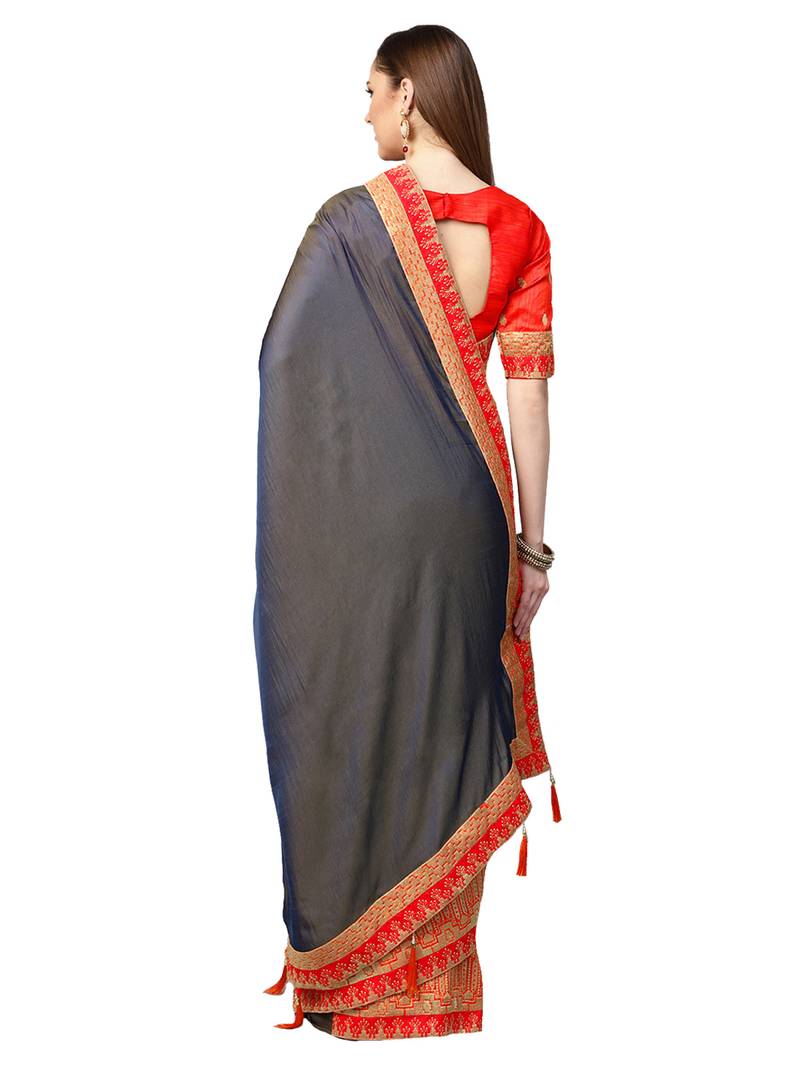 Inddus Grey Satin Silk Embroidered Saree With Blouse
