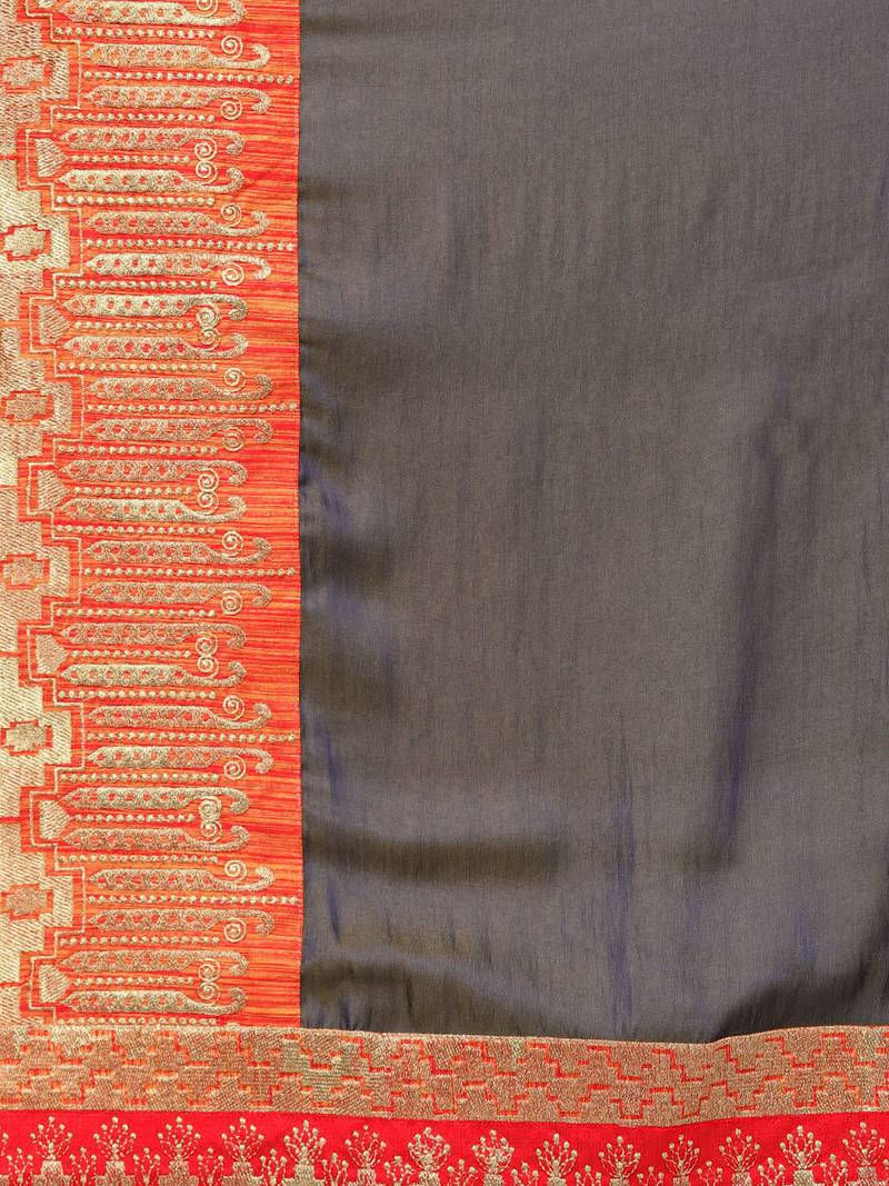 Inddus Grey Satin Silk Embroidered Saree With Blouse