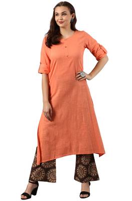Janasya Peach printed cotton kurti 1
