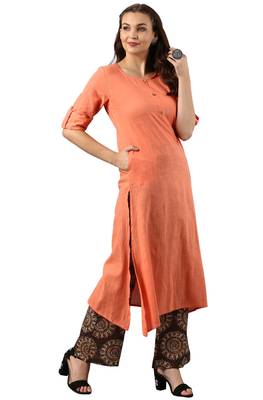 Janasya Peach printed cotton kurti 2