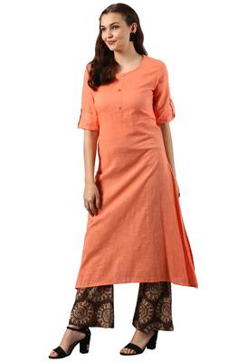 Janasya Peach printed cotton kurti 3