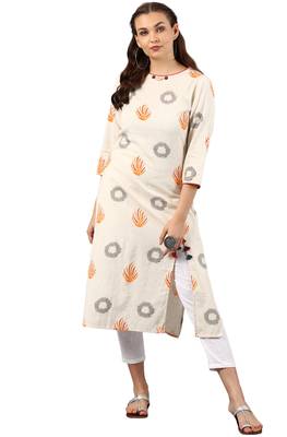 Janasya Cream printed cotton kurti 1