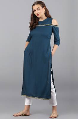 Janasya Turquoise printed rayon kurti 1