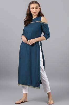 Janasya Turquoise printed rayon kurti 2