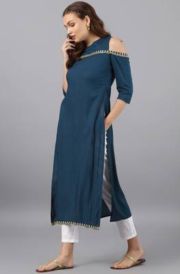 Janasya Turquoise printed rayon kurti 3