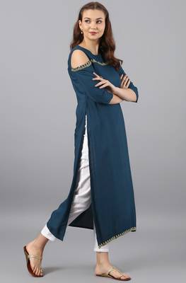 Janasya Turquoise printed rayon kurti 4