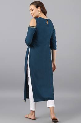 Janasya Turquoise printed rayon kurti 5