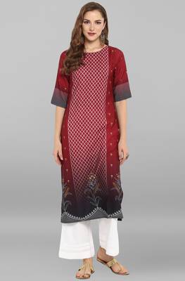 Janasya Maroon printed crepe kurti 1