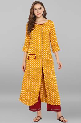 Janasya Mustard printed rayon kurti 1