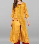 Janasya Mustard printed rayon kurti