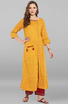 Janasya Mustard printed rayon kurti 2