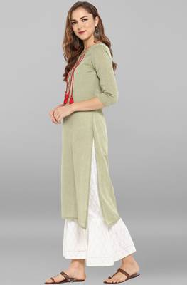 Janasya Light-green plain cotton kurti 3