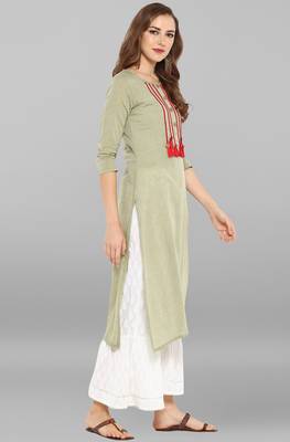 Janasya Light-green plain cotton kurti 4