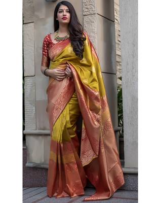 Mustard woven banarasi saree with blouse 2
