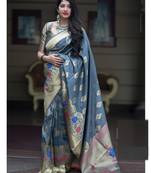 Grey woven banarasi saree with blouse