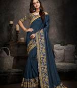 Blue embroidered silk blend  saree with blouse