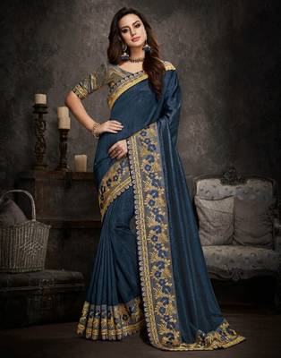 Blue embroidered silk blend  saree with blouse 2
