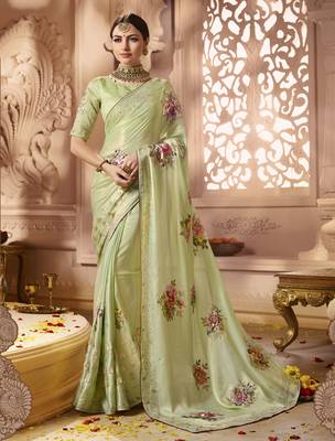 Parrot Green Embroidered Georgette Saree With Blouse 1