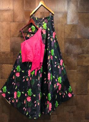 Multicolor Printed Satin Semi Stitched Lehenga With Dupatta 1